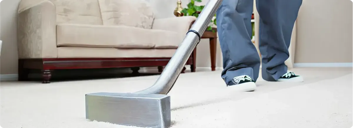 Carpet cleaning technician using a hot-water extraction wand on a light-colored carpet in a living room, Chandler, AZ.