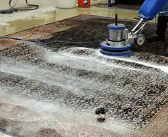 Professional rug cleaning with a rotary floor machine and shampoo foam, deep-cleaning an area rug, in Chandler, AZ.